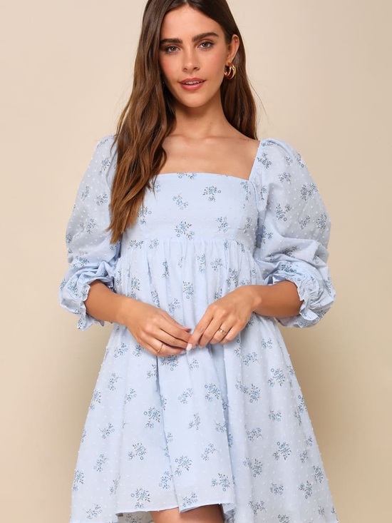 Lulus Dresses & Skirts - Lulus Always Charming Light Blue Floral Swiss Dot Babydoll Dress